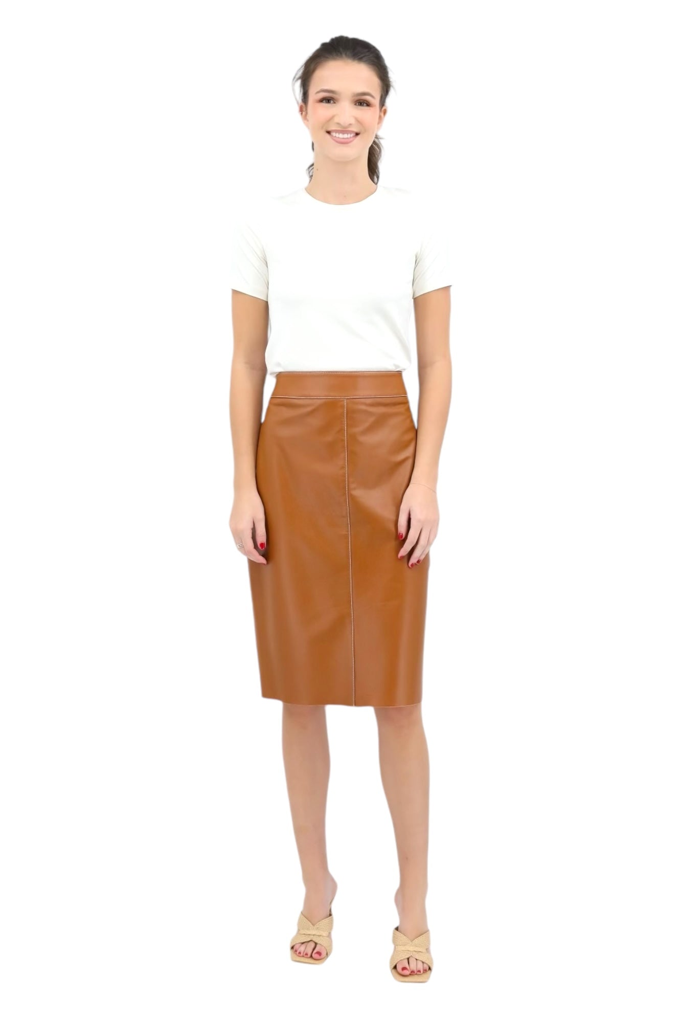 Lamb Leather Pencil Skirt in Tan