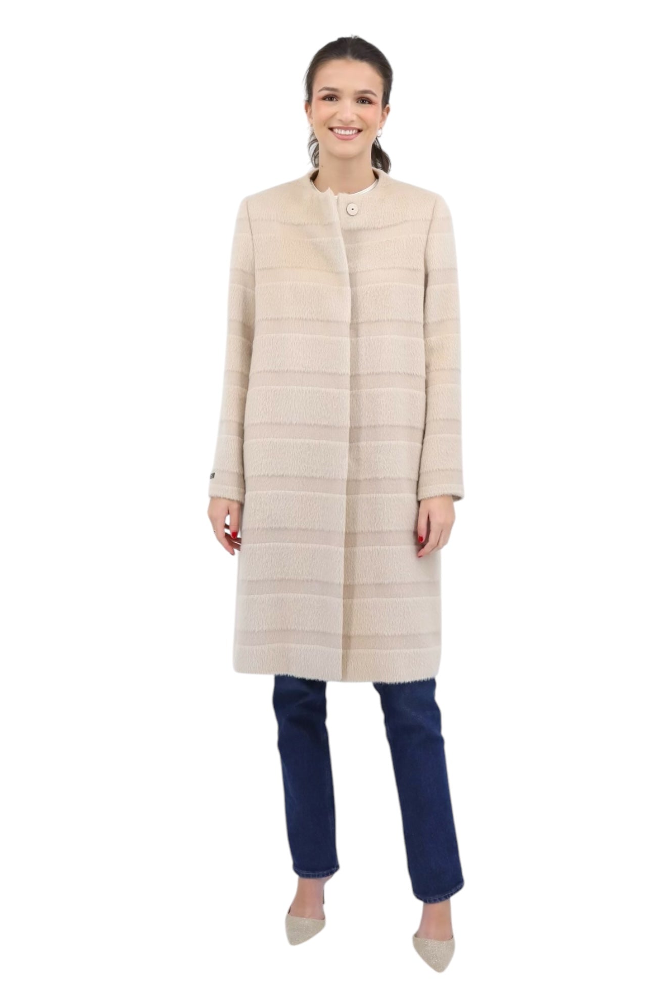 Baby Suri Alpaca 3-D Stripe Effect Cashmere Coat in Sand