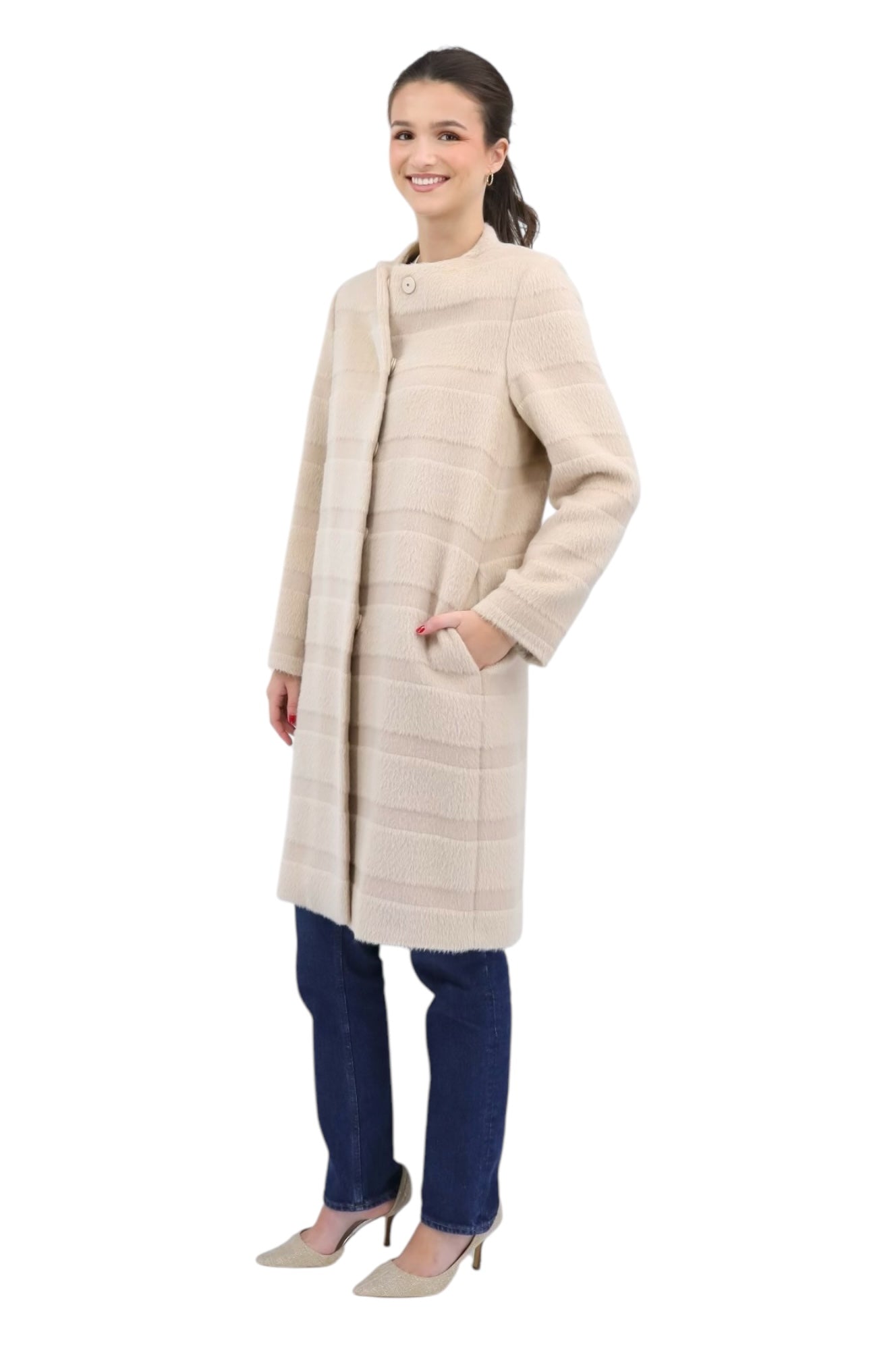 Baby Suri Alpaca 3-D Stripe Effect Cashmere Coat in Sand