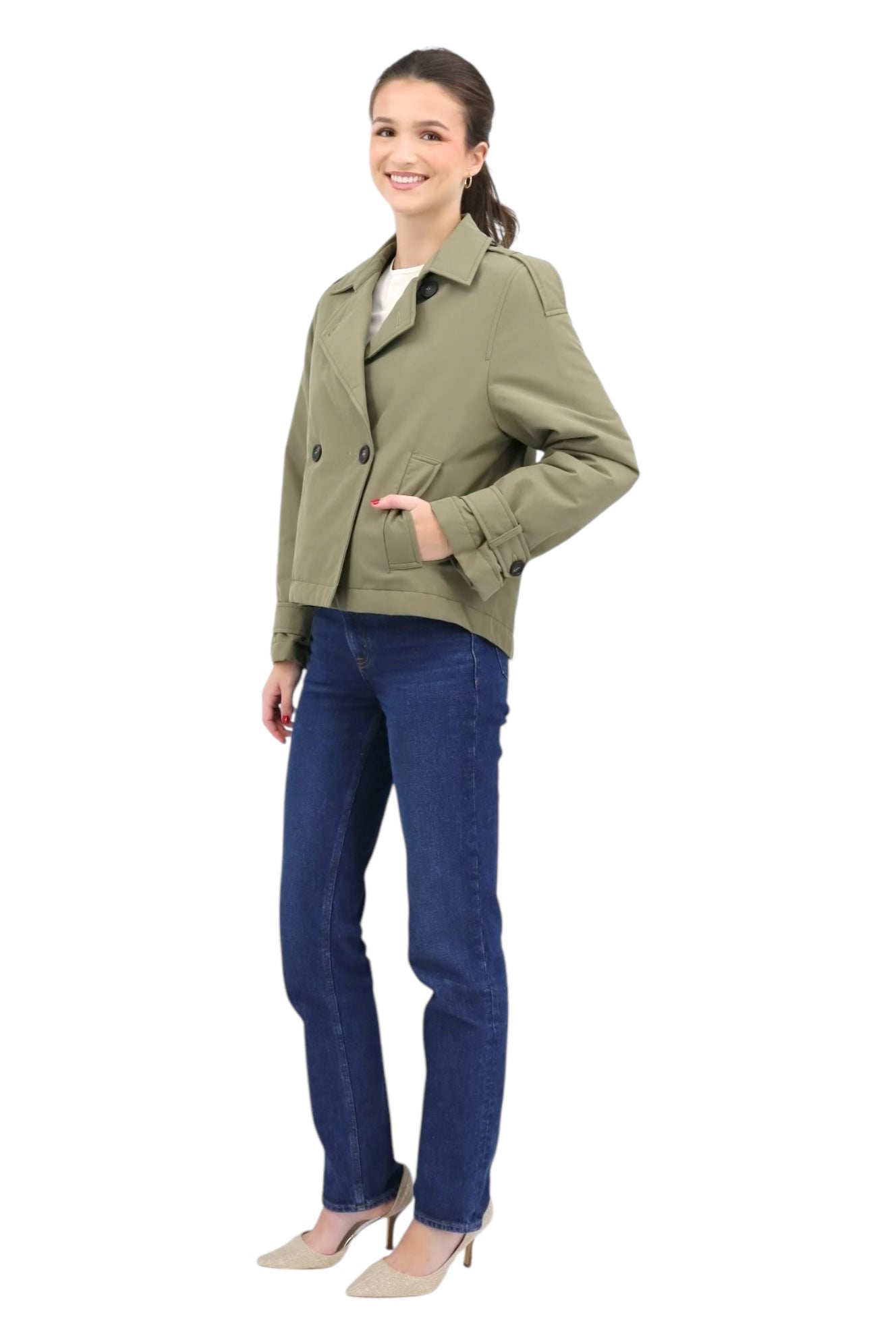 Short Trench Cotton Twill and Padded Nylon Jacket in Gris