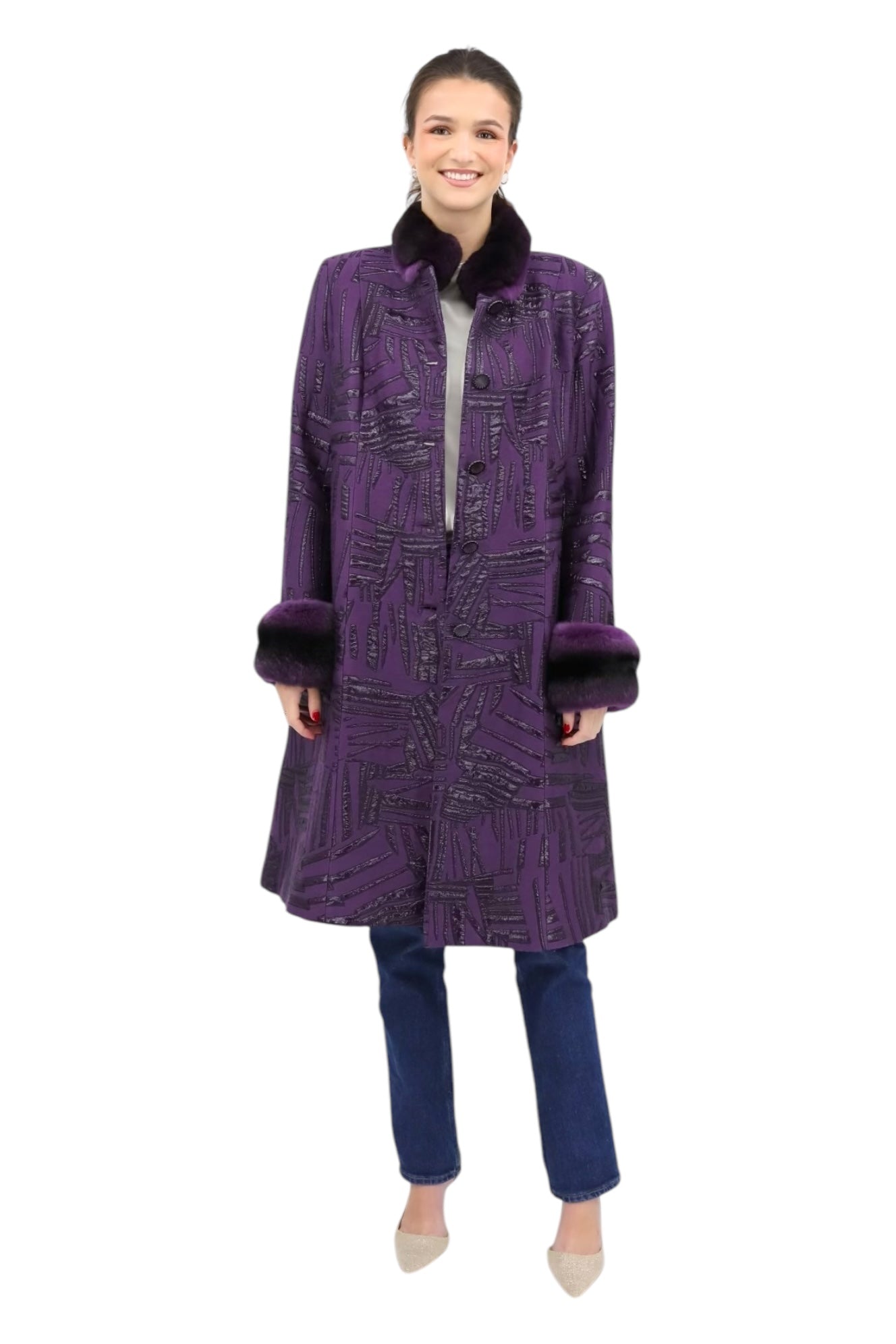 Purple Print Coat With Chinchilla Fur