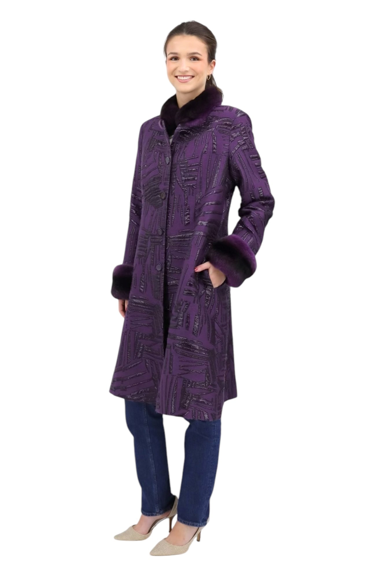 Purple Print Coat With Chinchilla Fur