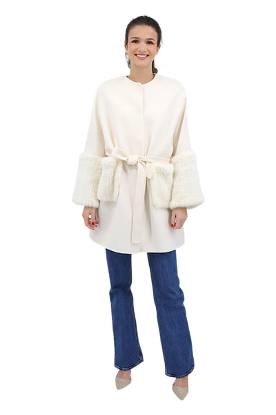 Oversized Cashmere Wool Coat with Mink Bell Sleeves in Ivory