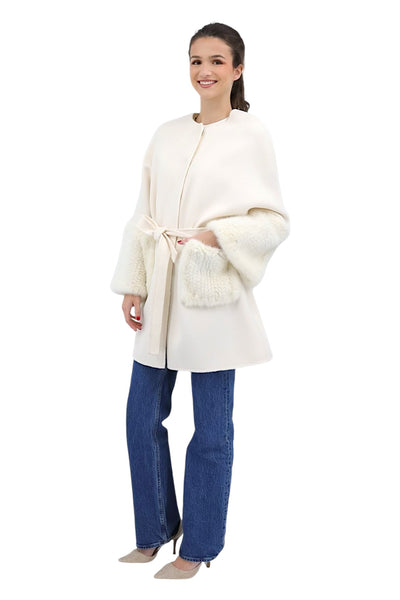 Oversized Cashmere Wool Coat with Mink Bell Sleeves in Ivory