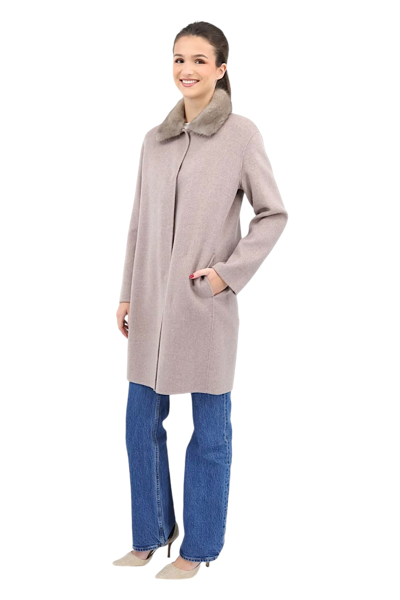 Double Face Wool Blended Long Coat W/ Mink Collar in Mocha