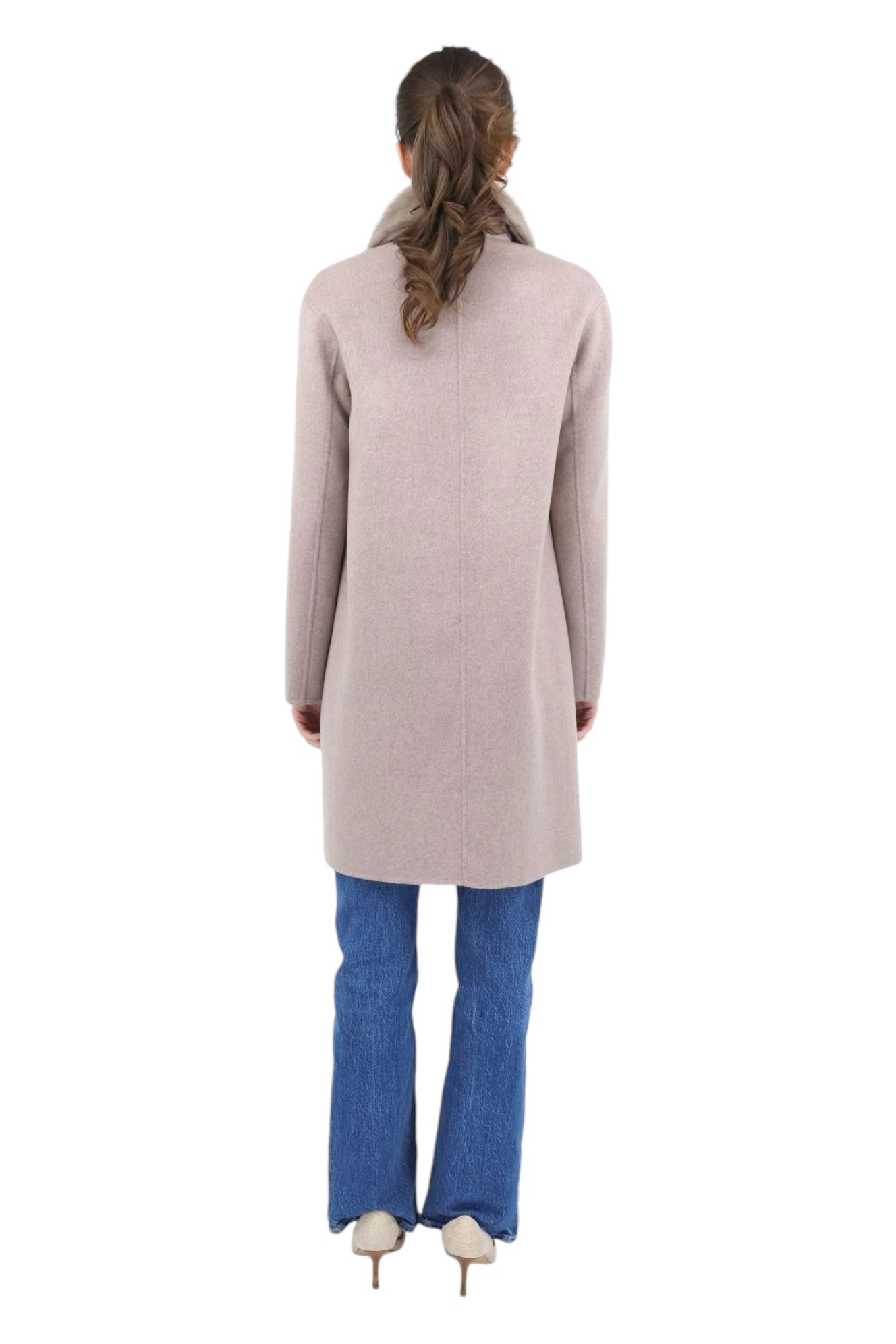 Double Face Wool Blended Long Coat W/ Mink Collar in Mocha