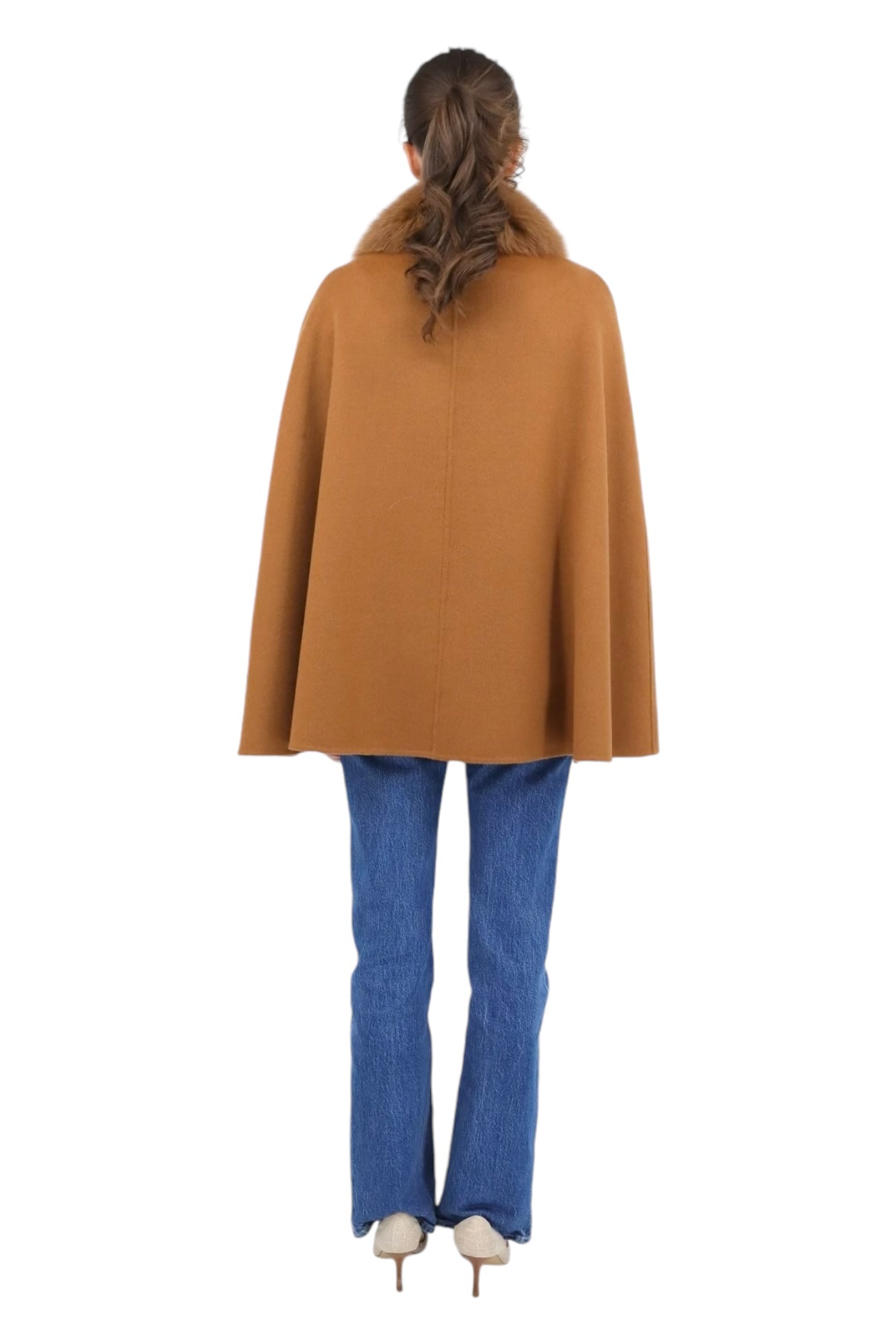 Classic Cape With Slit Removable Fox Collar Camel