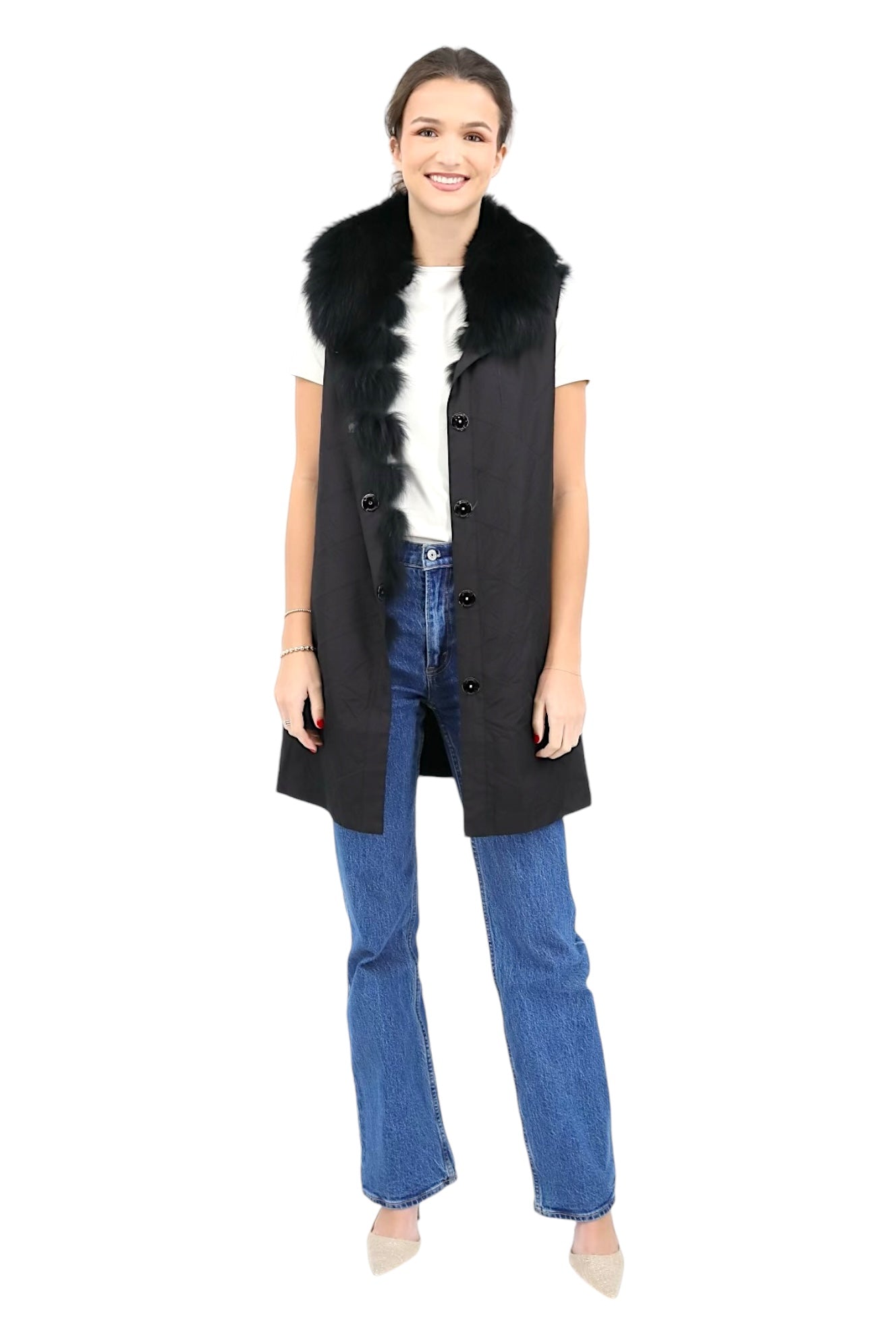 Reversible Fox/Silk Belted Vest with Chevron Pattern in Black