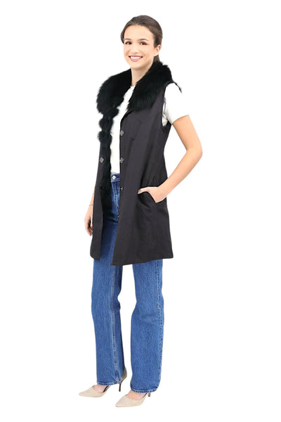 Reversible Fox/Silk Belted Vest with Chevron Pattern in Black