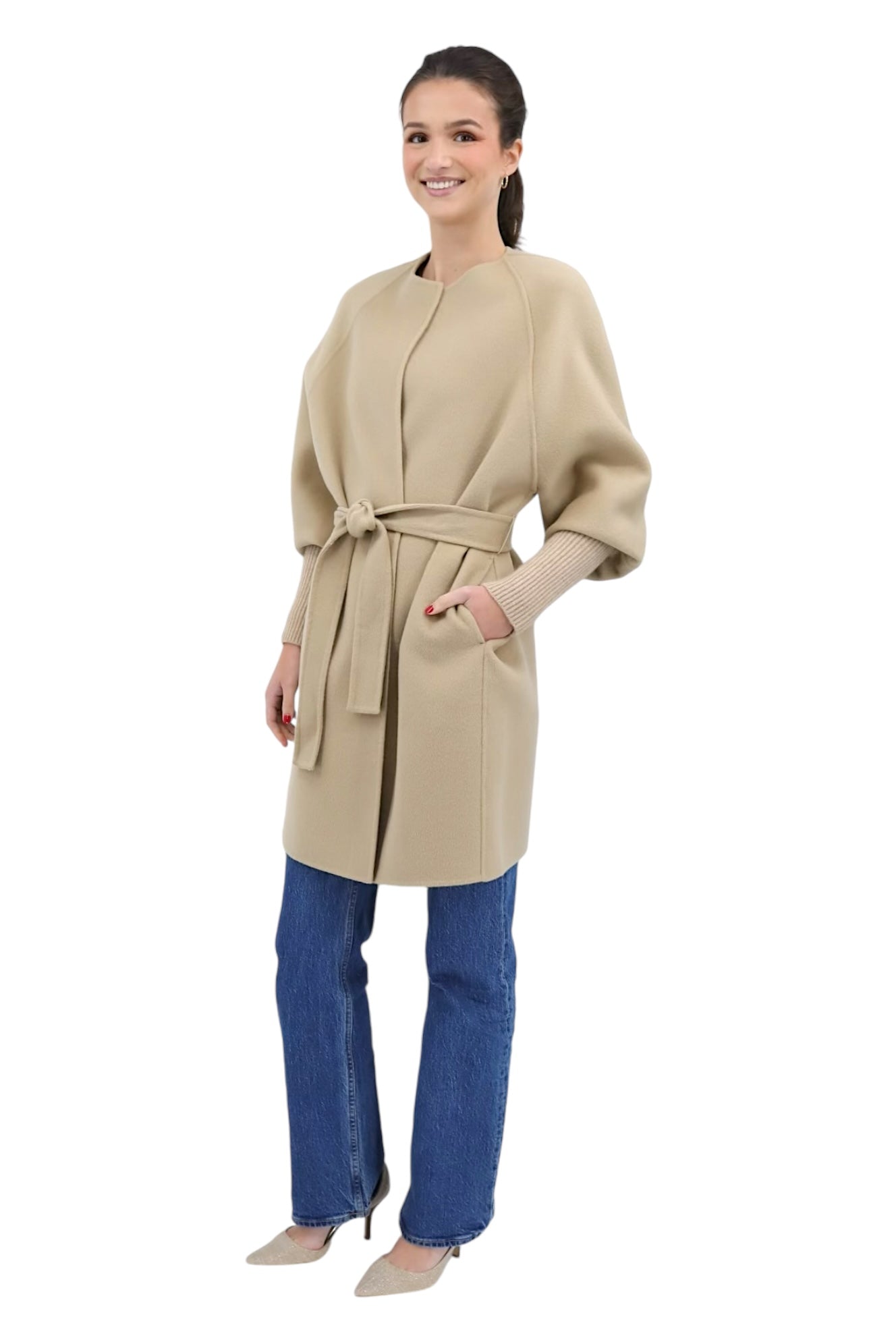 Wool Ribbed Cuff Sleeve Coat in Irish Cream