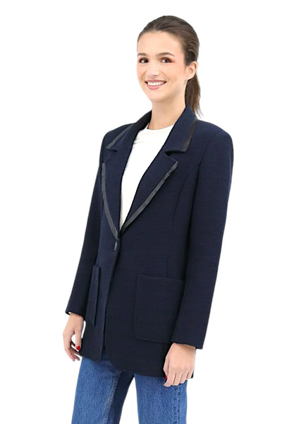 Jacket With Faux Leather And Fringes Navy