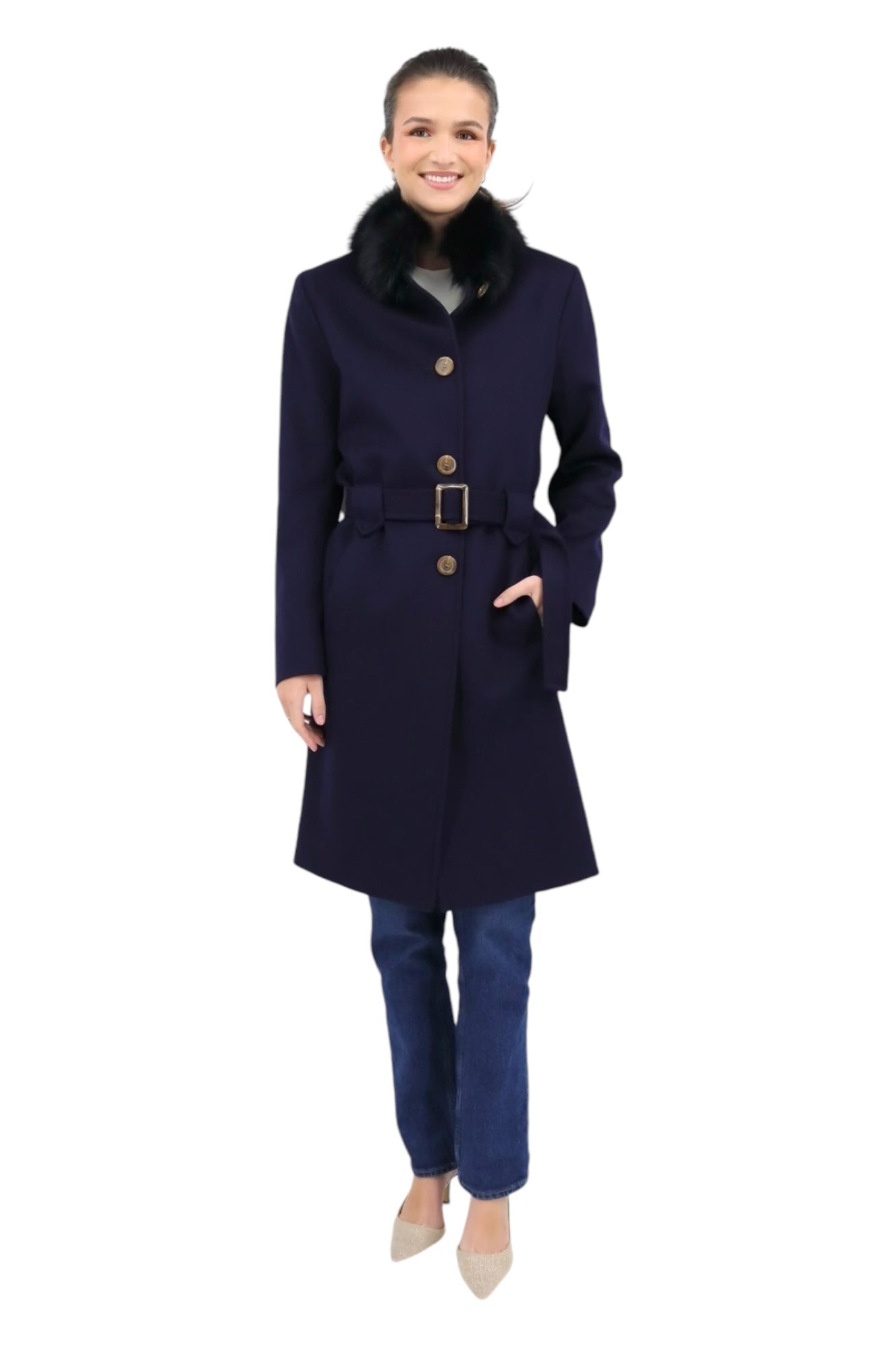 Stand Collar Belted Coat with Fox in Midnight