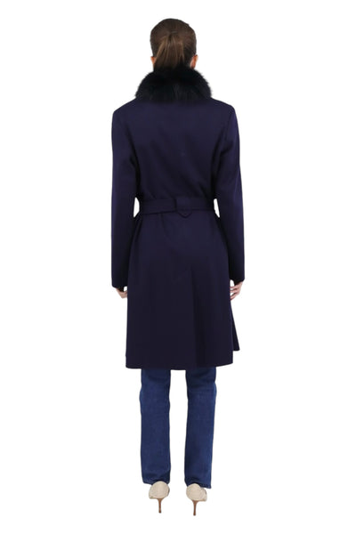 Stand Collar Belted Coat with Fox in Midnight