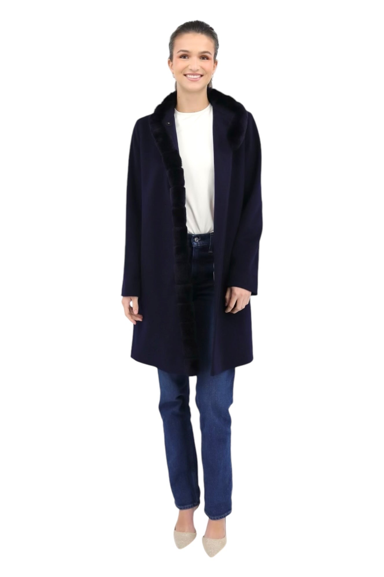 Wool w/ Rex Rabbit Coat in Midnight