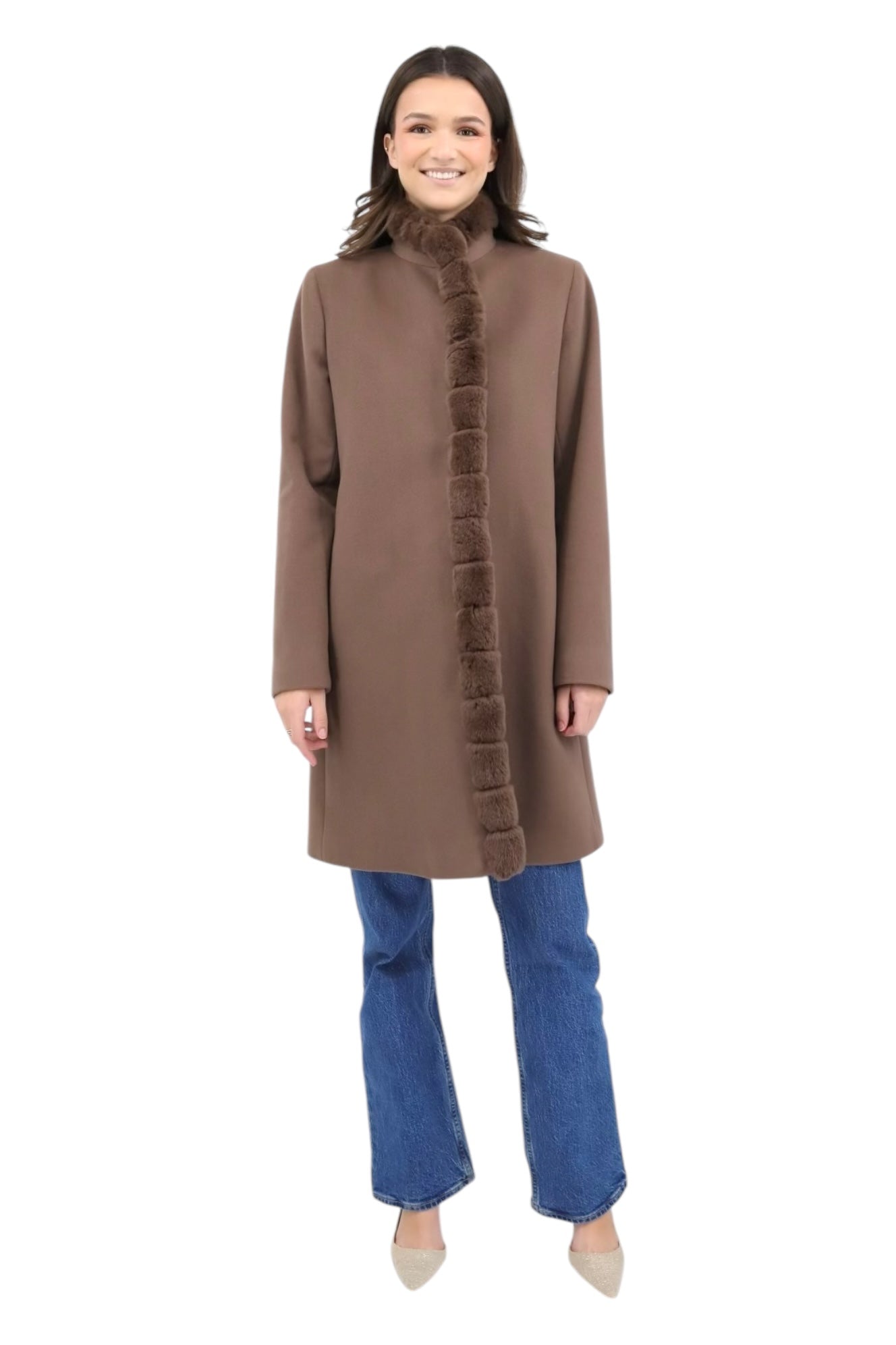 100% Prairie Wool Coat W/ Rex Rabbit Trim in Chocolate