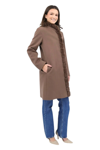 100% Prairie Wool Coat W/ Rex Rabbit Trim in Chocolate