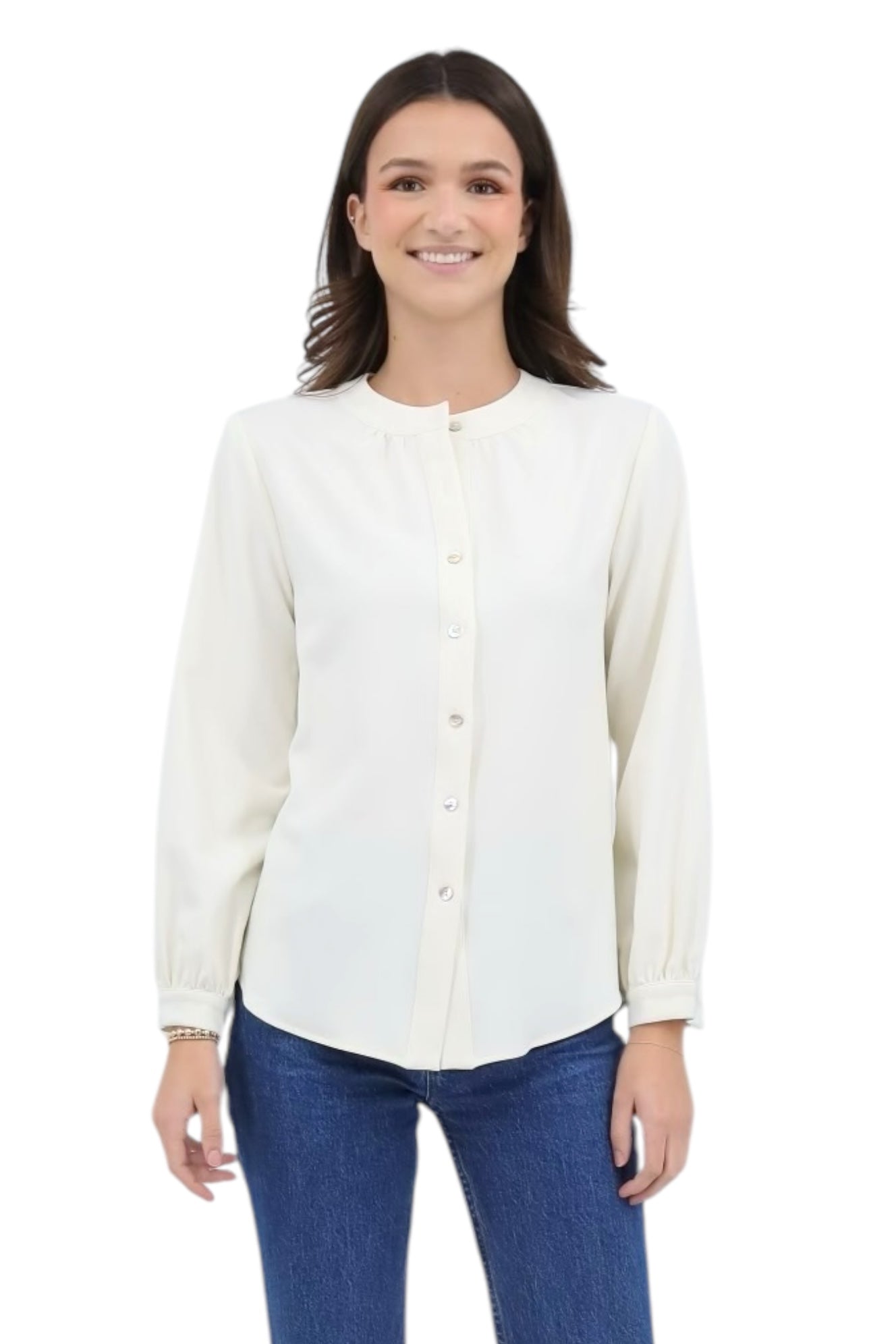 Band Collar Button Top in Ivory