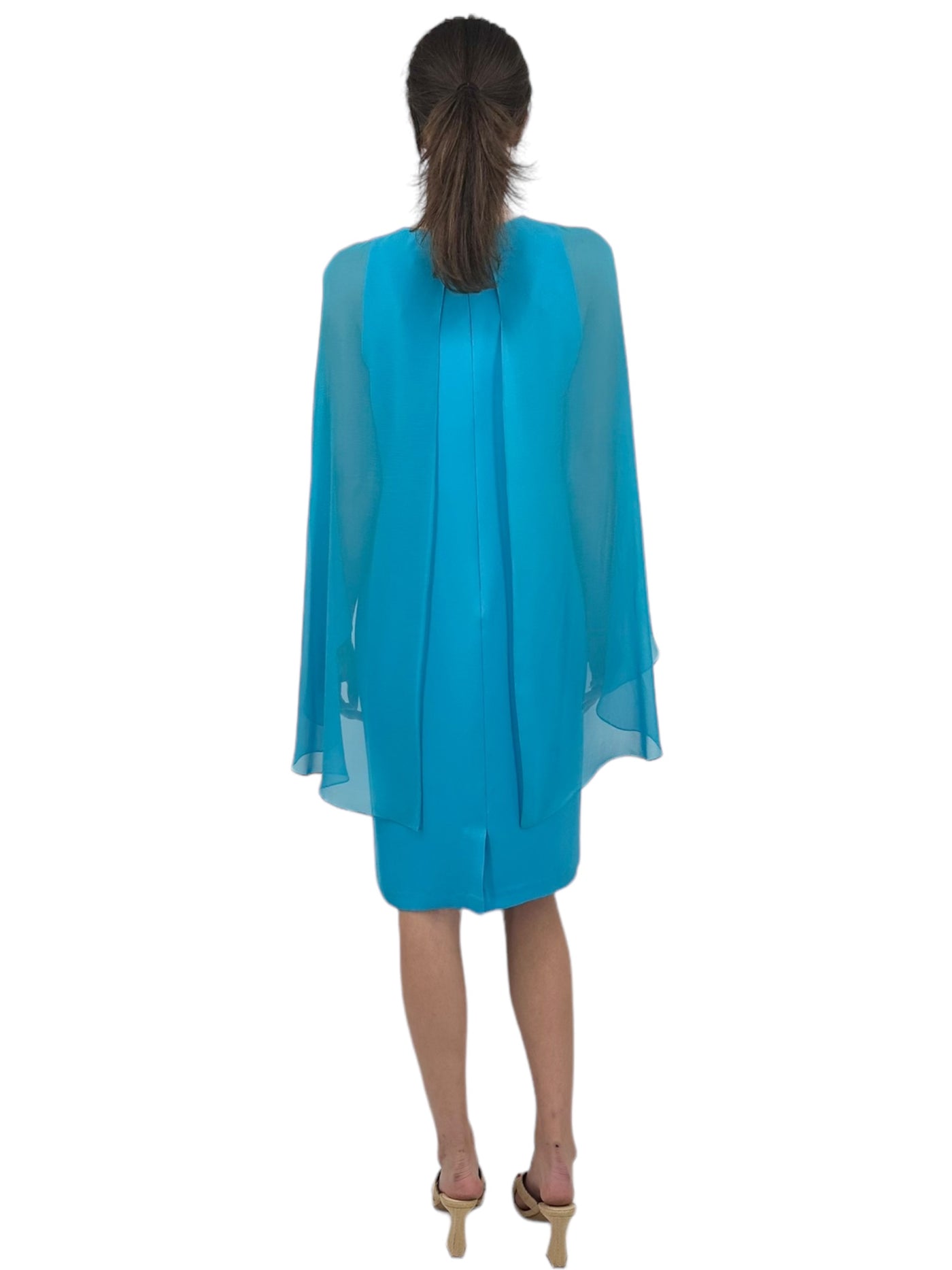 Silk Dress w/Chiffon V Neck Overlay in Cyan