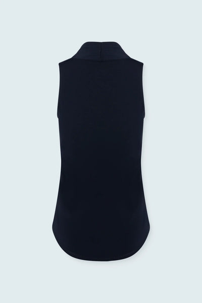 Matte Jersey Sleeveless Pleated V-Neck Top in Navy