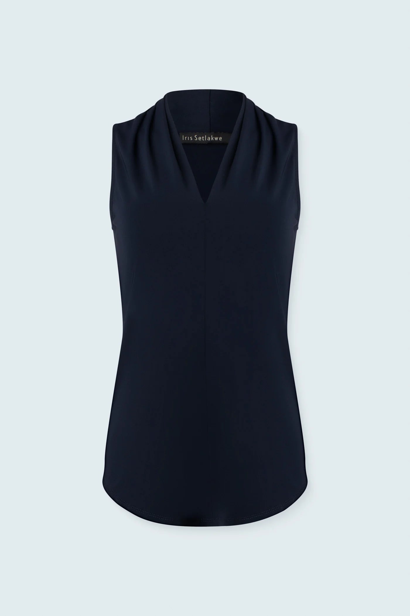 Matte Jersey Sleeveless Pleated V-Neck Top in Navy