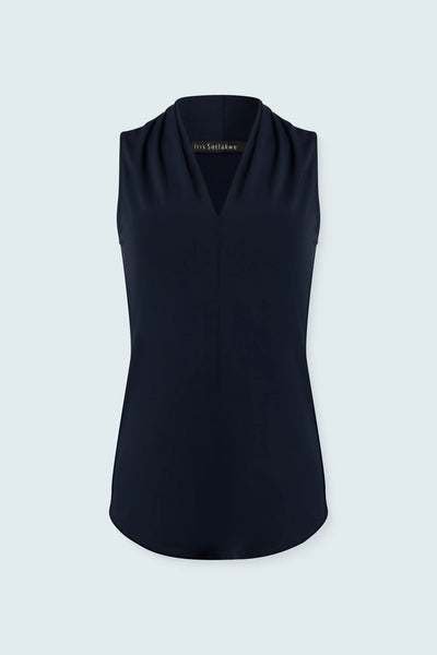 Matte Jersey Sleeveless Pleated V-Neck Top in Navy