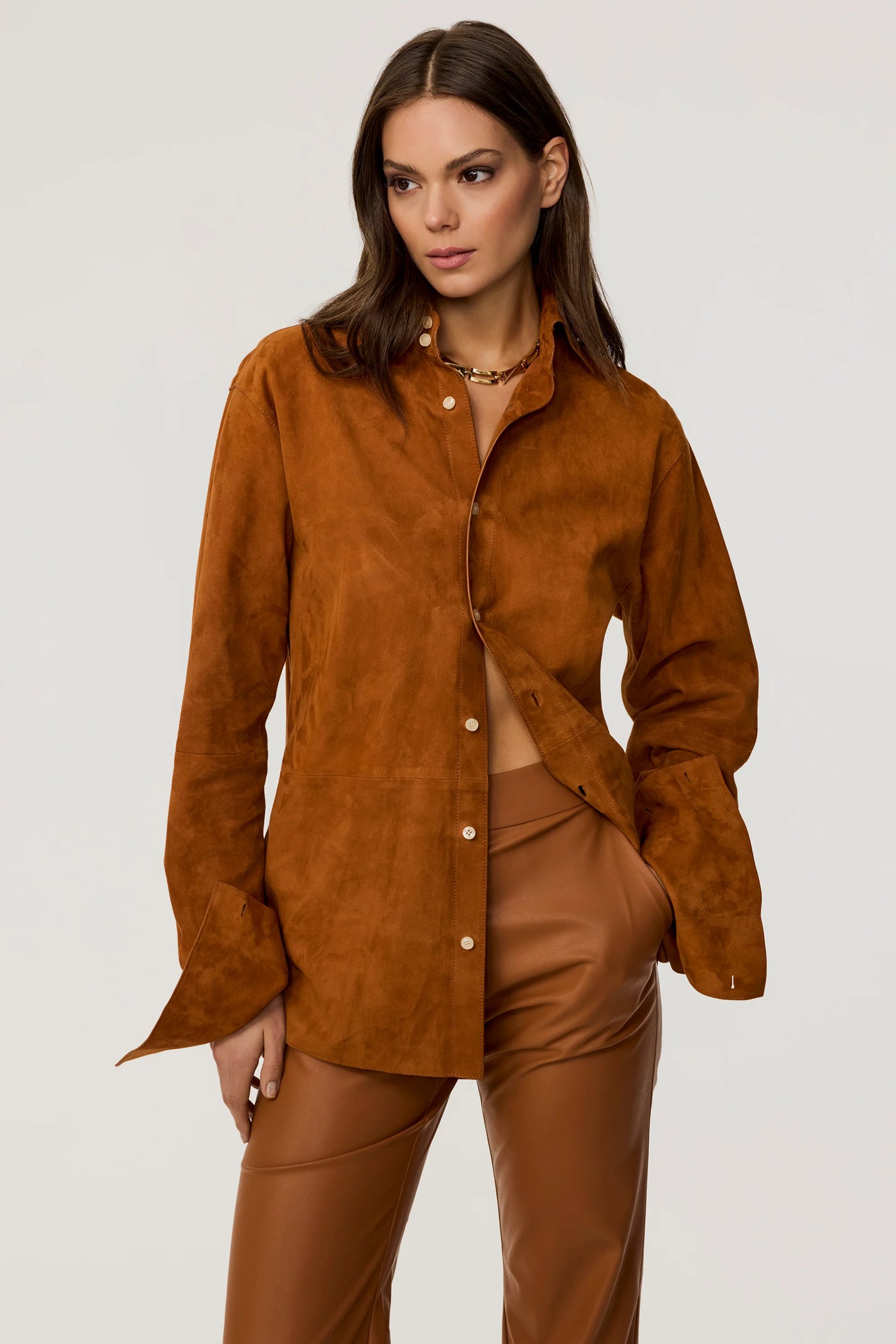 Kali Faux Suede Boyfriend Shirt in Saddle