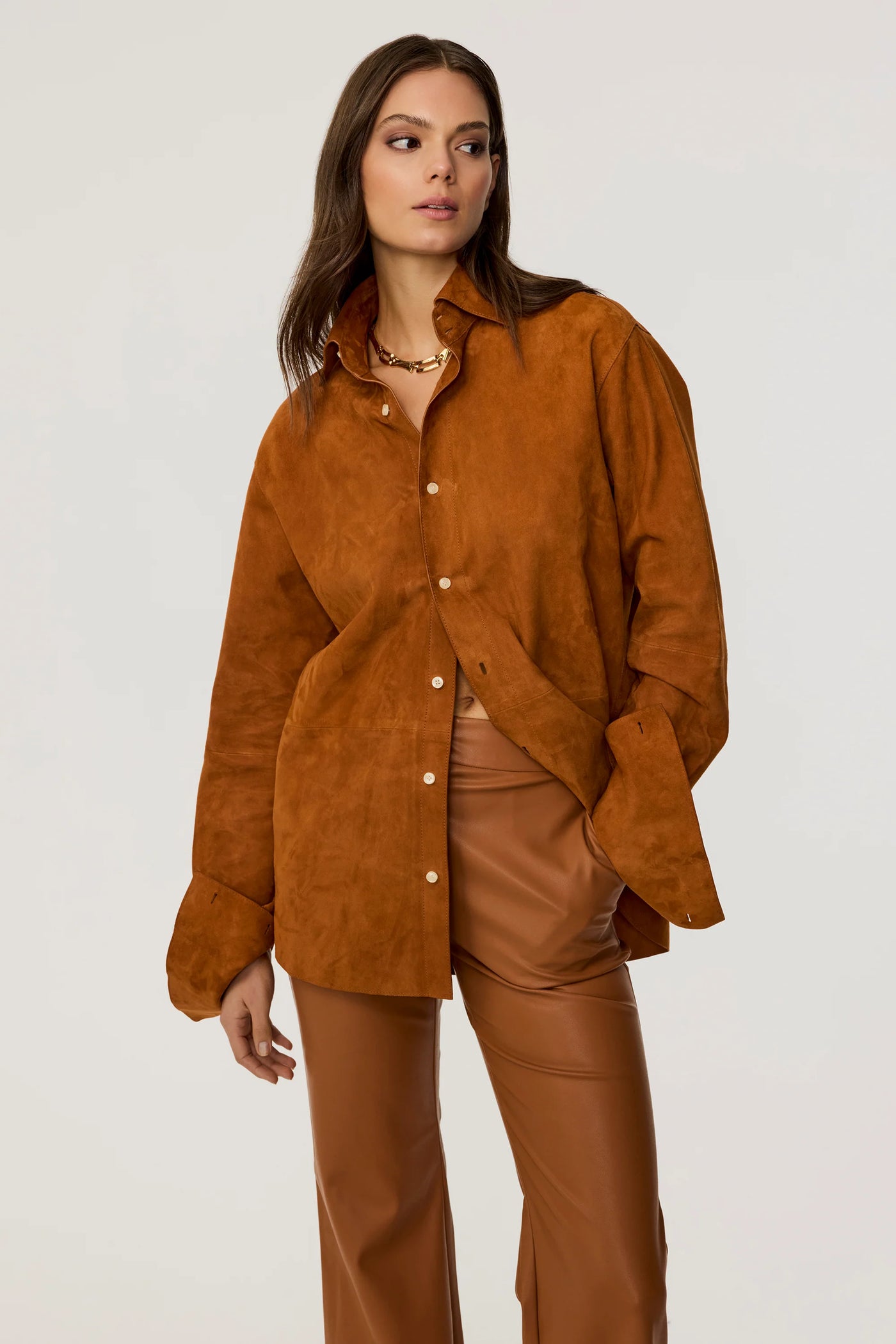 Kali Faux Suede Boyfriend Shirt in Saddle