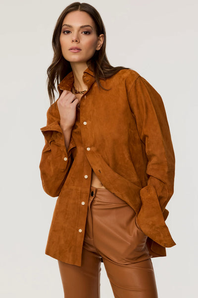 Kali Faux Suede Boyfriend Shirt in Saddle