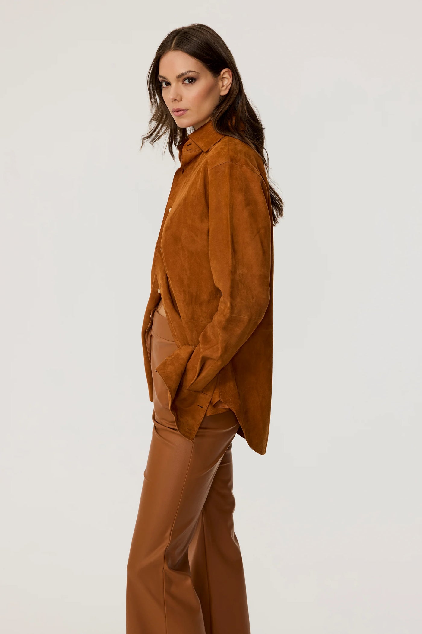 Kali Faux Suede Boyfriend Shirt in Saddle