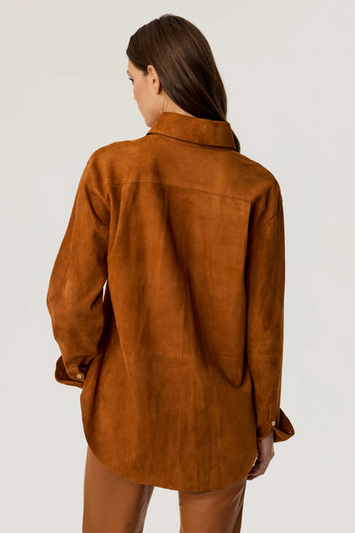 Kali Faux Suede Boyfriend Shirt in Saddle