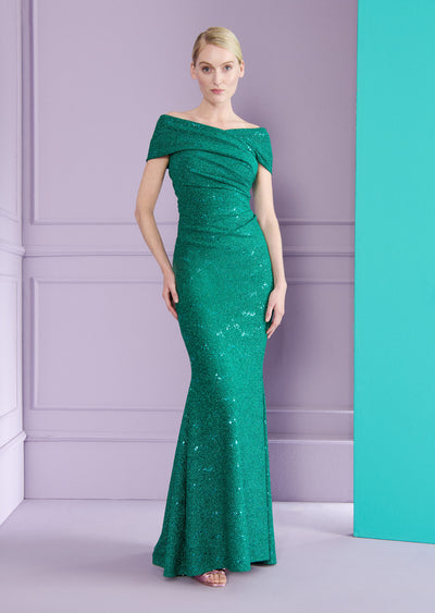 Off Shoulder Sequin Gown in Green