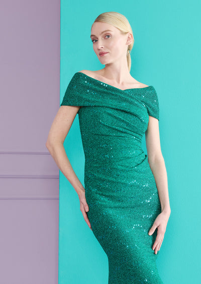 Off Shoulder Sequin Gown in Green