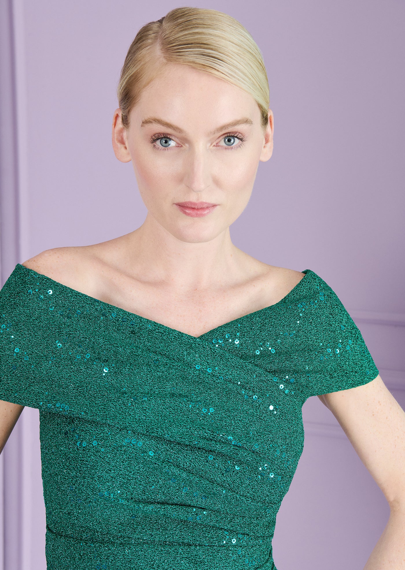 Off Shoulder Sequin Gown in Green