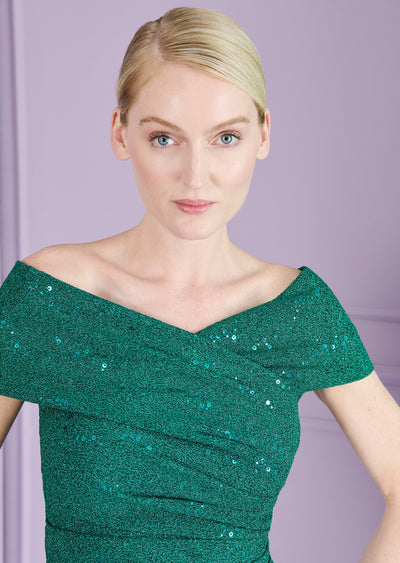 Off Shoulder Sequin Gown in Green