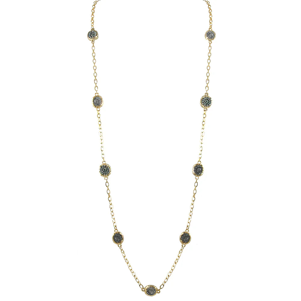 Gold Hammered Pave Disc Necklace