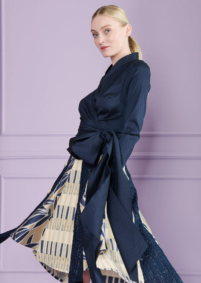 Stretch Taffeta Wrap Blouse in Navy