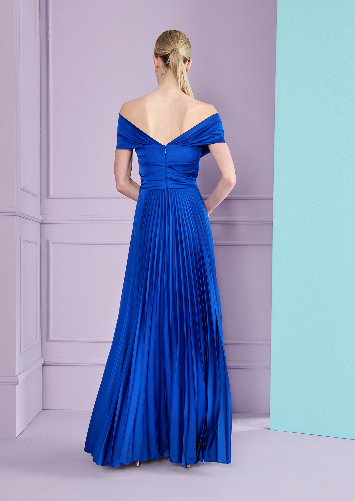 Off Shoulder Pleated Gown in Royal Blue