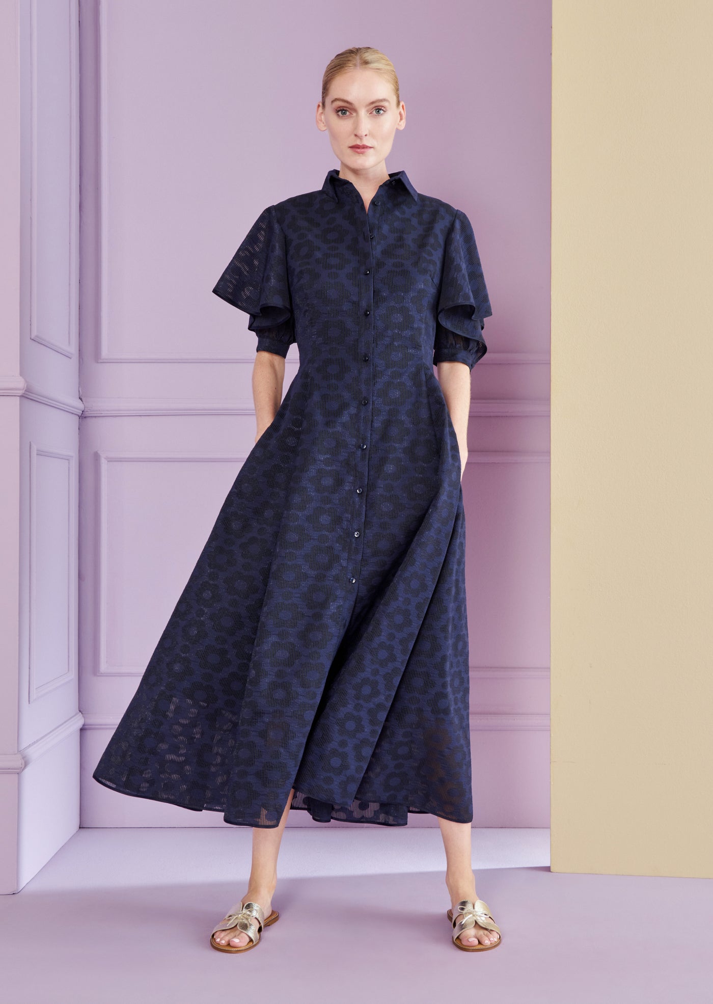 Pril Flower Organdi Midi Dress in Navy