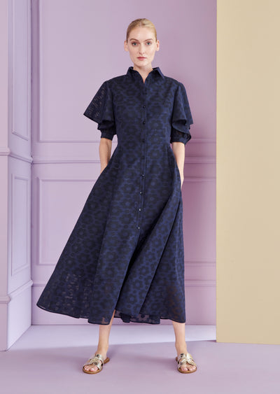 Pril Flower Organdi Midi Dress in Navy