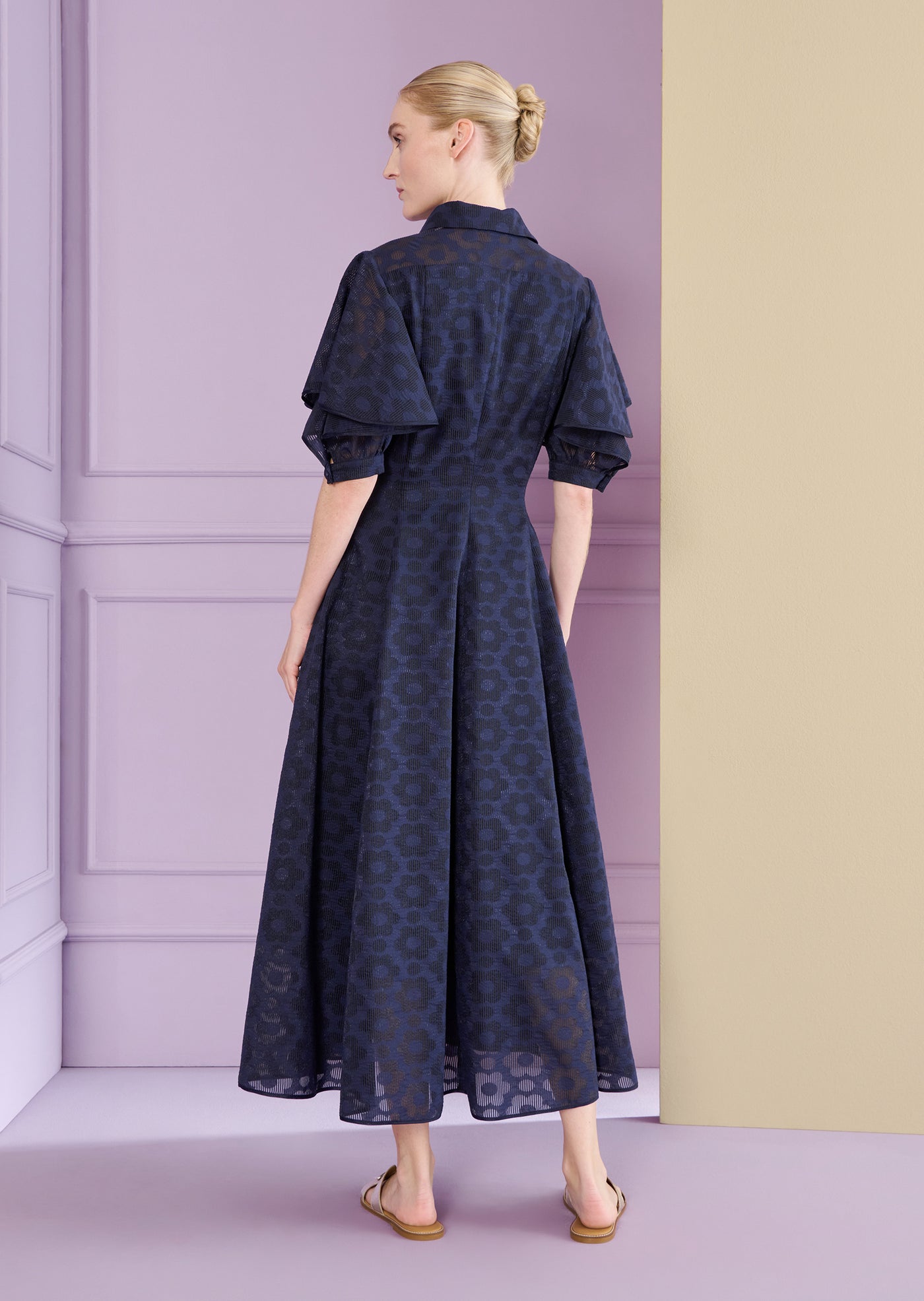 Pril Flower Organdi Midi Dress in Navy