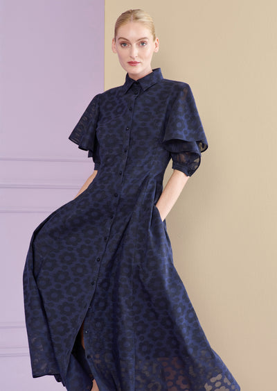 Pril Flower Organdi Midi Dress in Navy