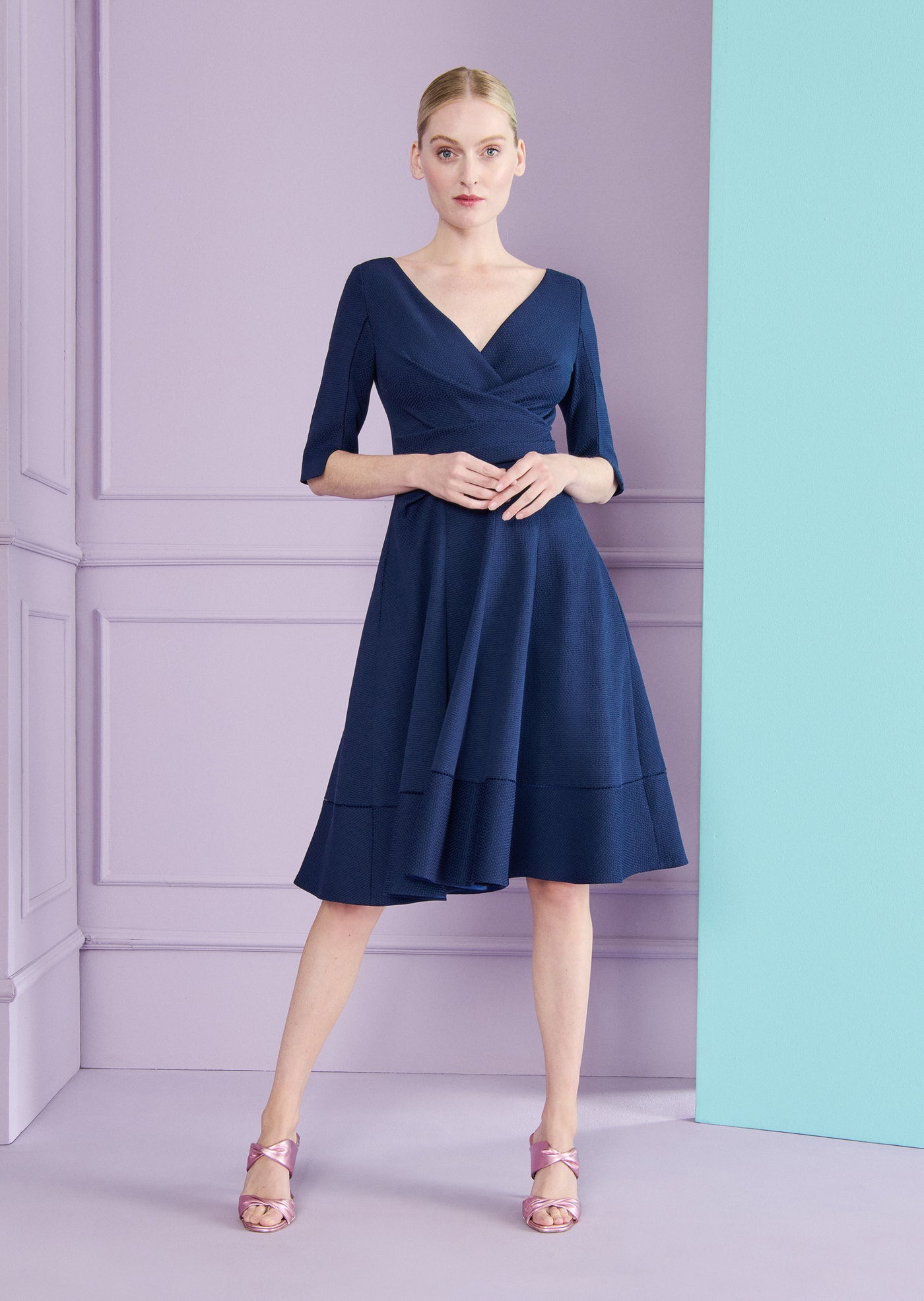 Mosaic Piqué Fit & Flare Day Dress in Majestic Blue