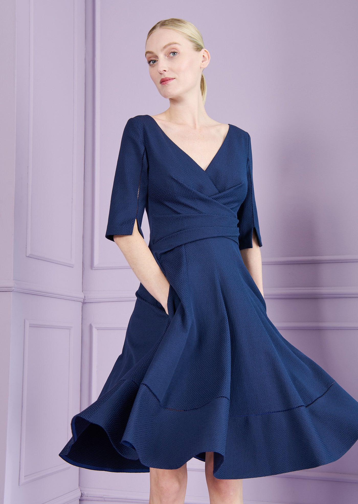 Mosaic Piqué Fit & Flare Day Dress in Majestic Blue