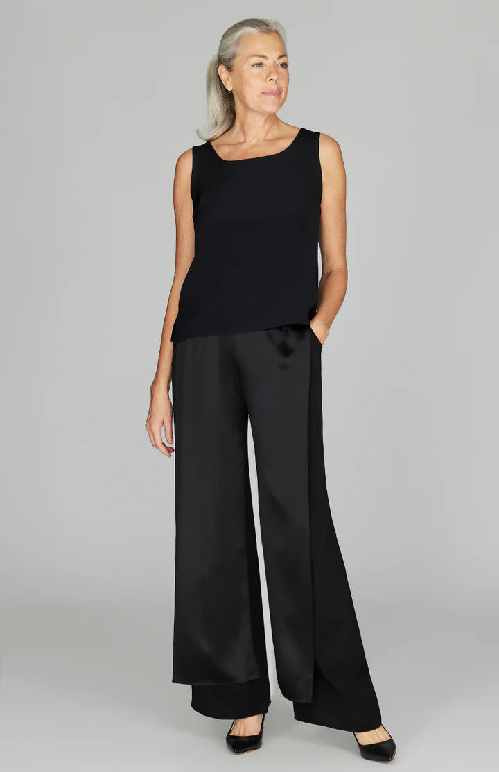 Silk Overlap Pant w/ Satin Panel in Black