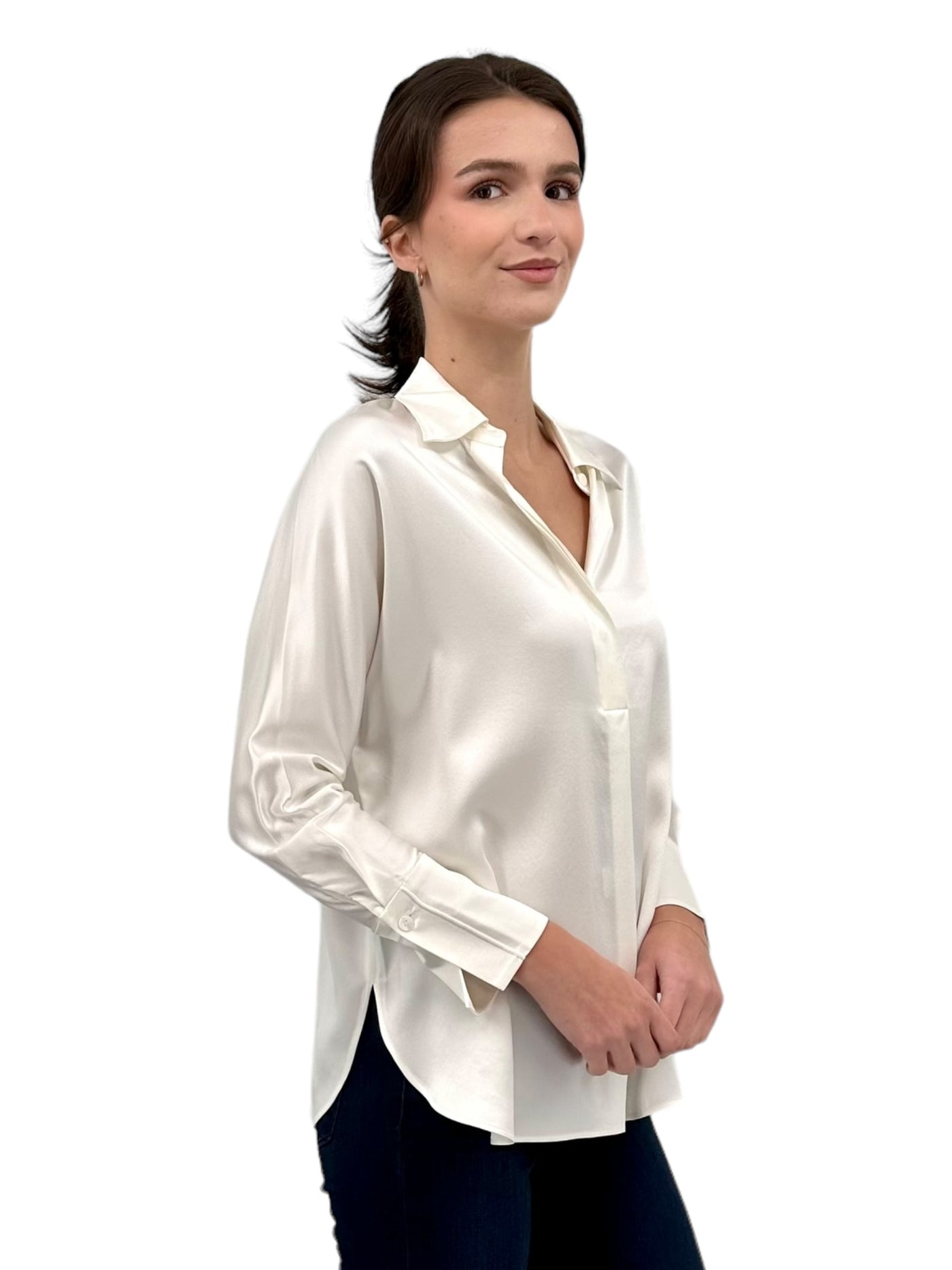 Silk Half Button Blouse in White