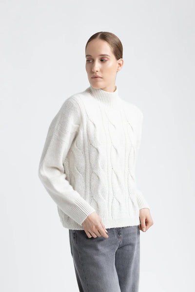 Wool, Silk, Cashmere Knitted Sweater in Natural White