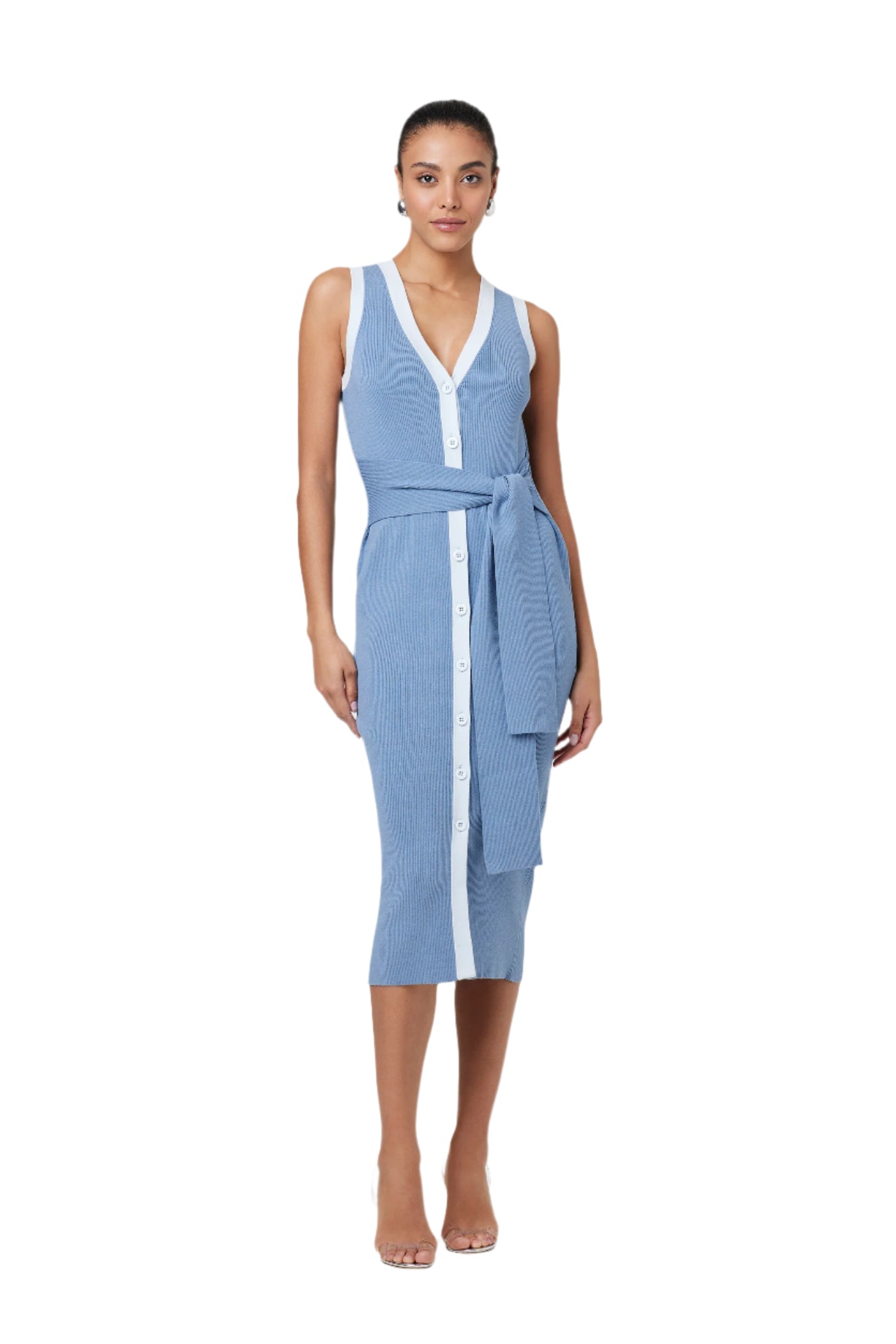 Victoria Button-Front Midi Dress in Steel Blue/Ice Blue