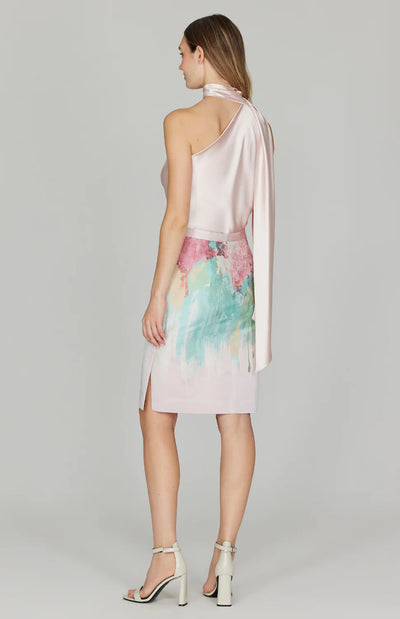 Painterly Narrow Skirt w/ Side Slit in Pink Multi