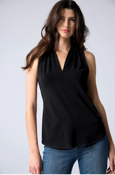 Matte Jersey Sleeveless Pleated V-Neck Top in Black