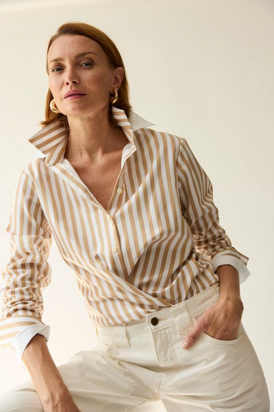 Margot Long Sleeve Stripe Top in Latte/White